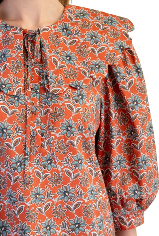 Terracotta & Blue PeterPan Collar Top