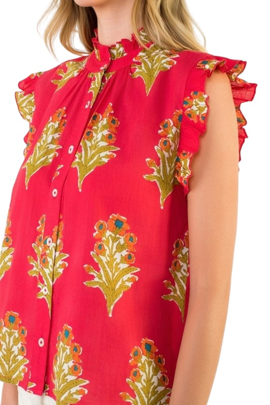 Magenta Floral Flutter Sleeve Top