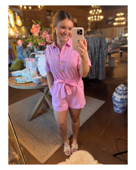 Collared Shirt Romper in Pink