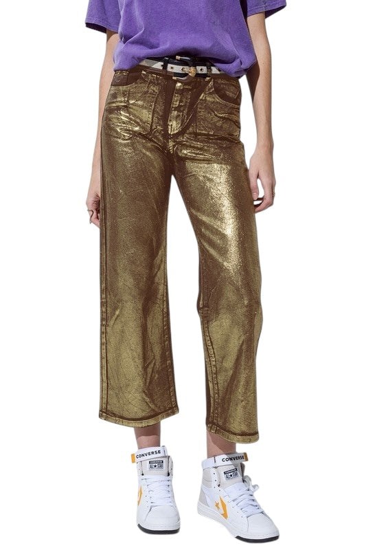 Chocolate Wide Leg Jeans w/ Gold Metallic Finish