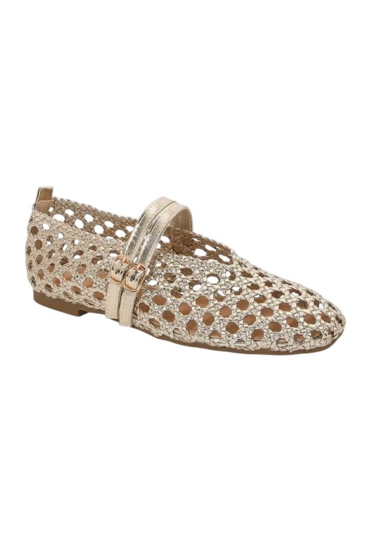 Gold Cane Mary Jane Flats