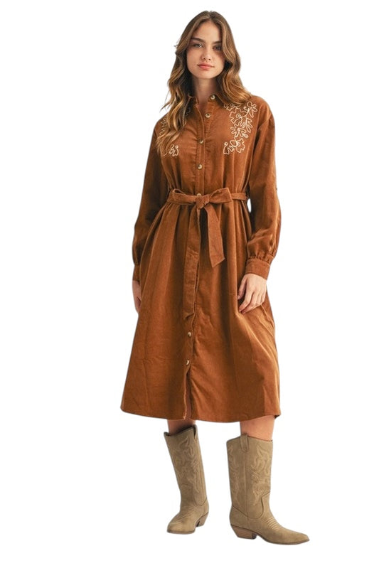 Embroidered Corduroy Shirt Dress in Saddle
