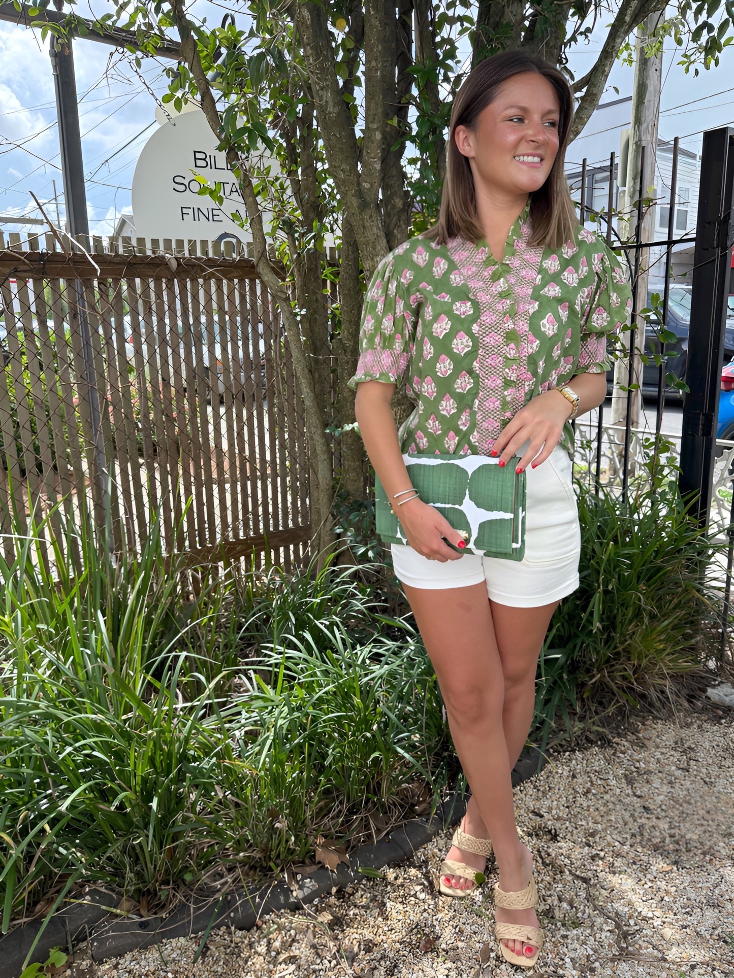 Della Top in Pink & Green Blockprint