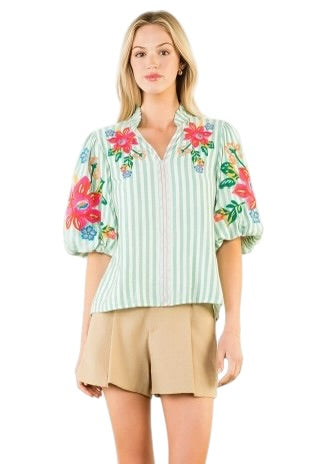 Green Stripe Embroidery Top