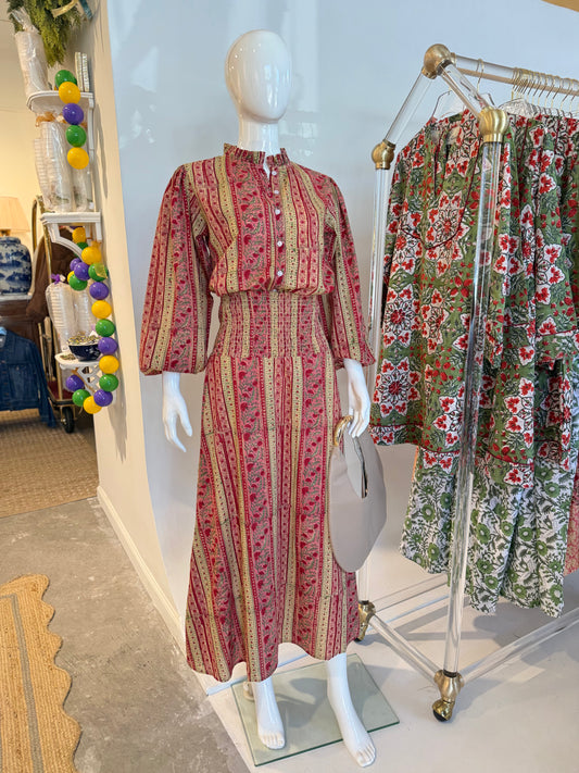 Ellen Smocked Midi Skirt in Red Floral Stripes