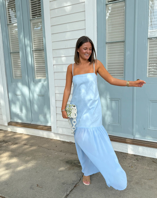 Linen Blend Drop Waist Midi in Blue