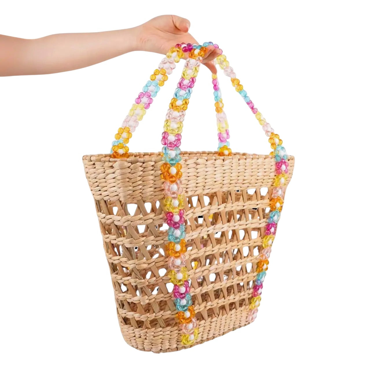 Flower Beaded Strap Basket Tote