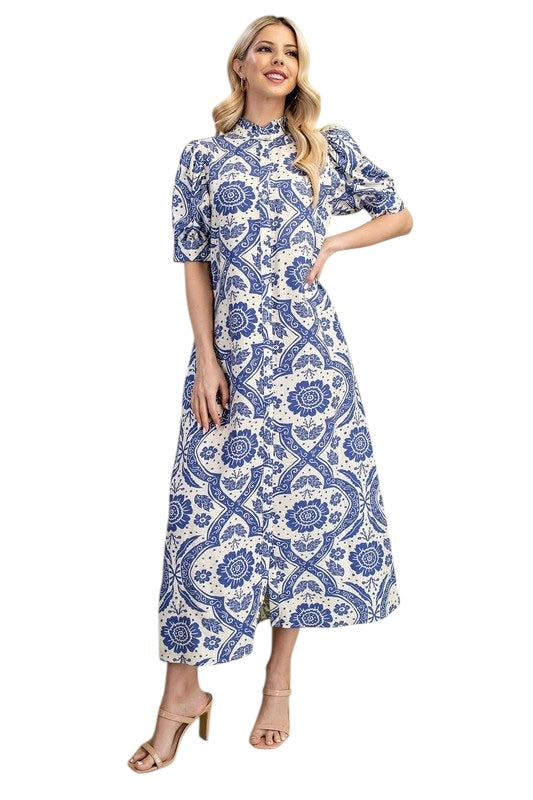 Ruffled Neck Shirt Dress in Blue