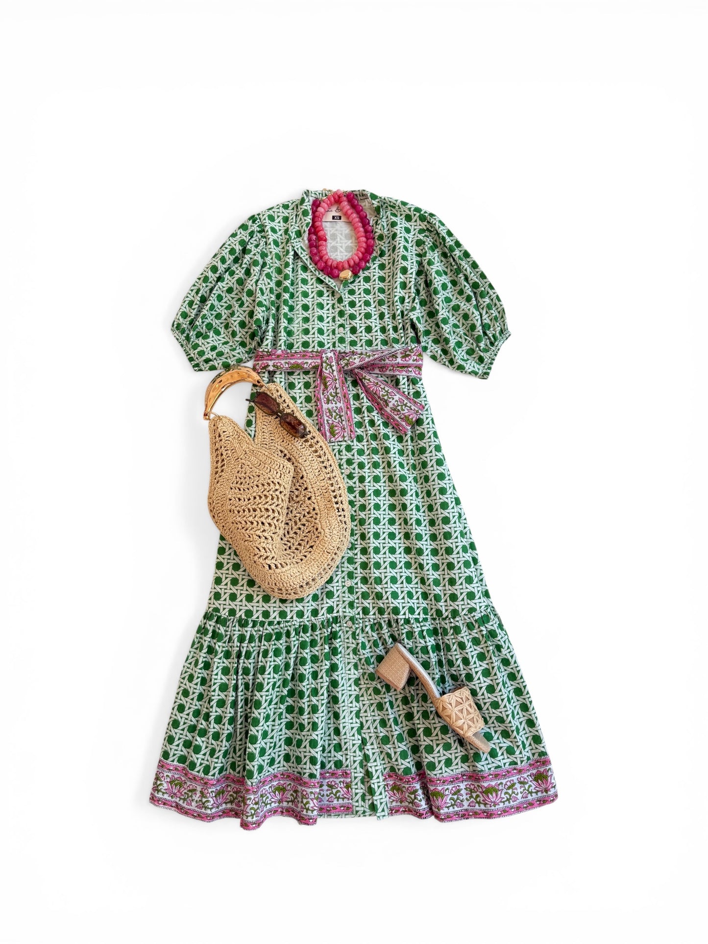 Meg Midi in Green Cane w/ Pink Boarder