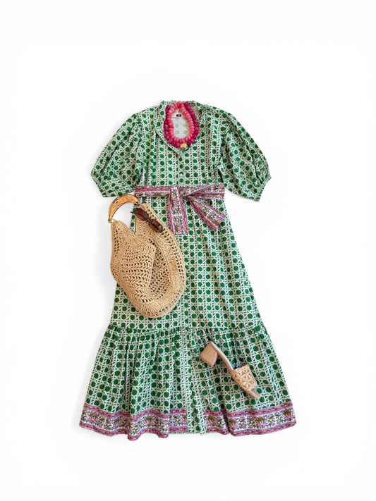 Meg Midi in Green Cane w/ Pink Boarder