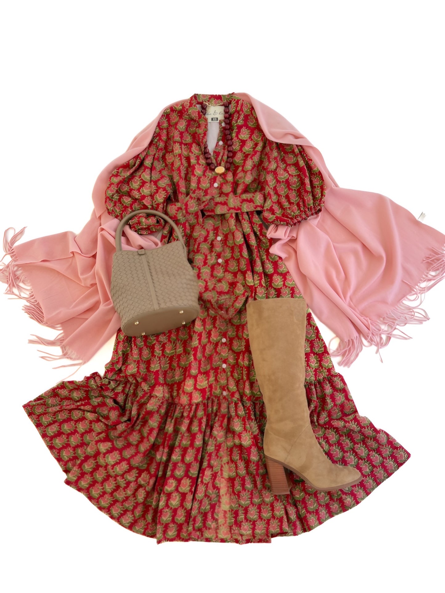 Meg Midi in Red & Pink BlockPrint