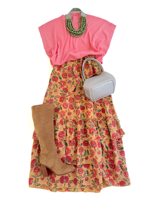 Basin Street Midi Skit in Pink Floral Vine