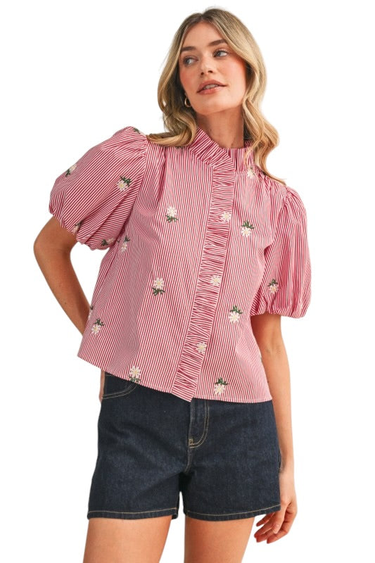 Ruffle Front Blouse w/ Embroidery Florals - 4 Colors