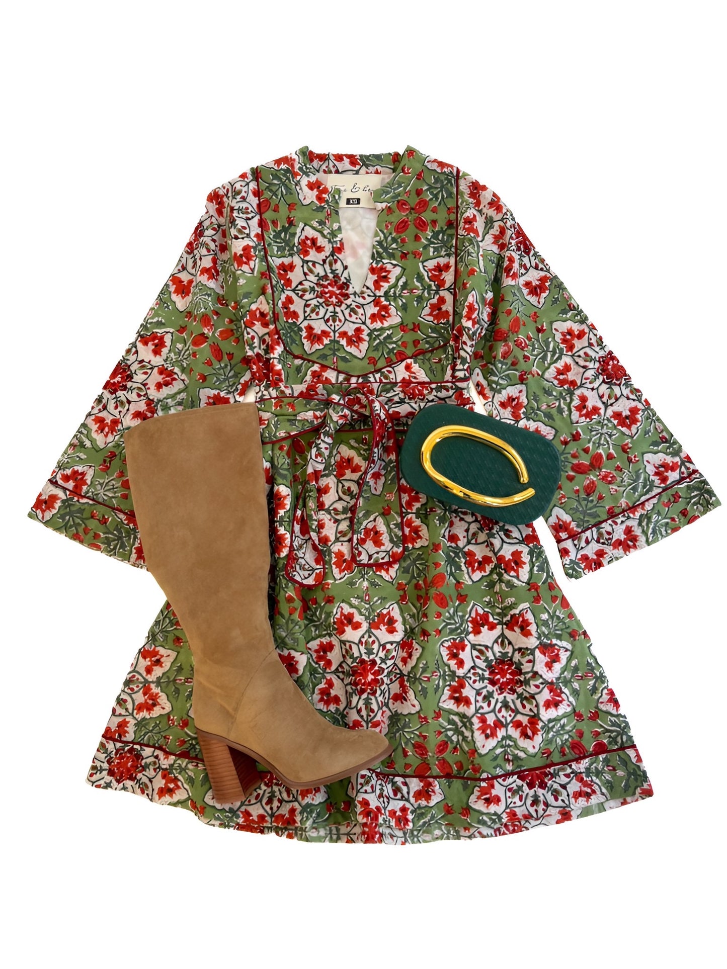Constance Bell Sleeve Mini in Red & Green Snowflake
