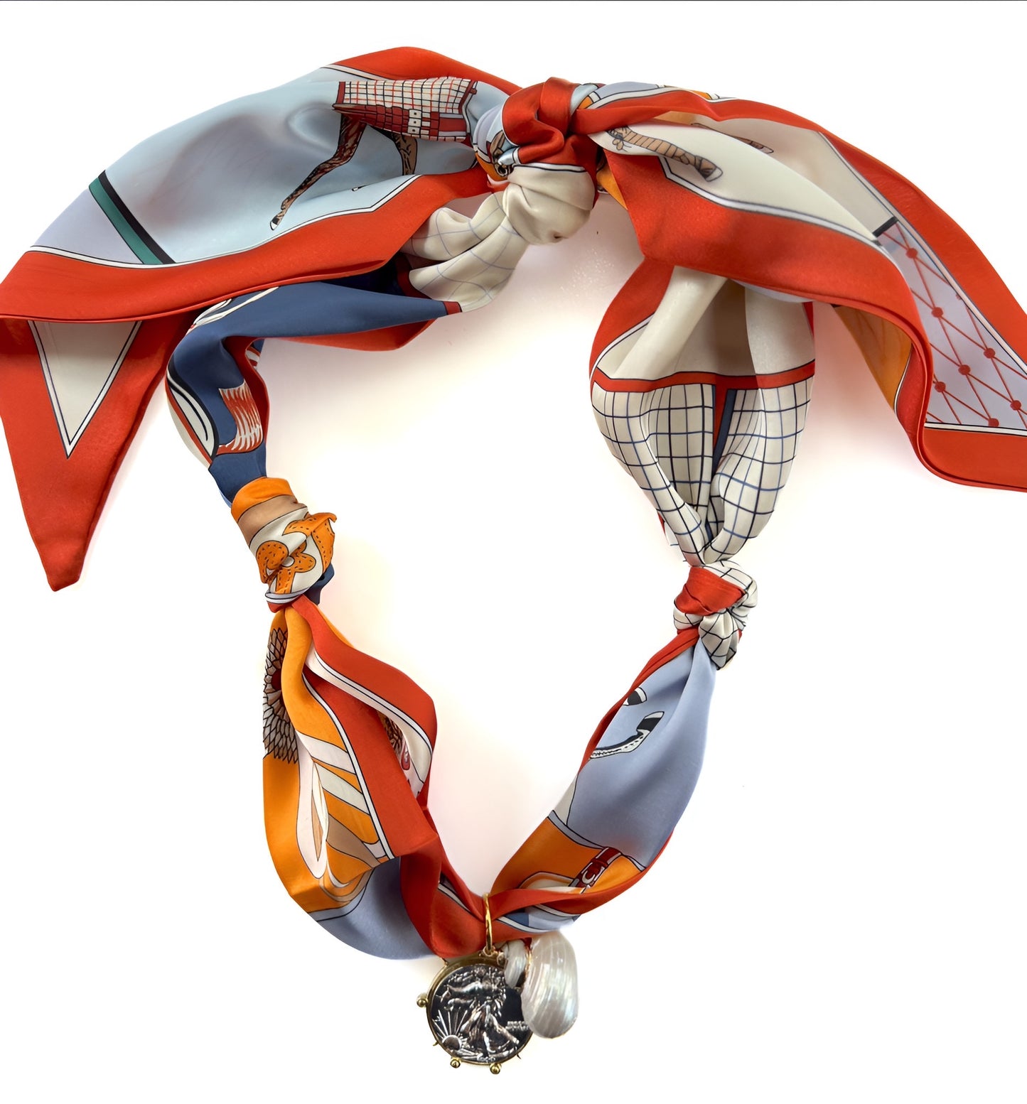 Equestrian Scarf Necklace w/ Coin Pendant & Shell