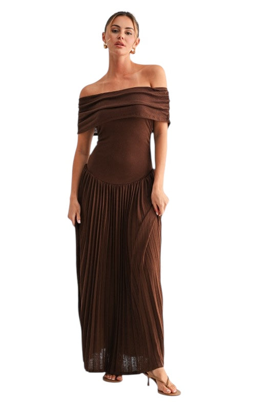 Metallic Knit Off Shoulder Maxi in Chocolate