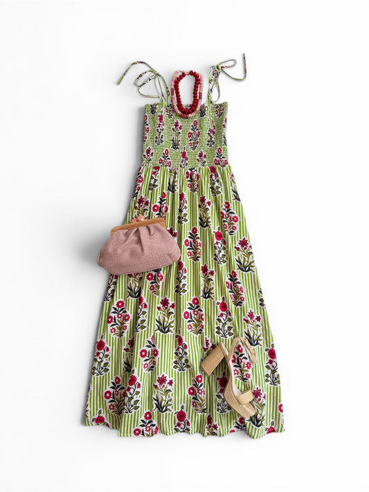 Ellen Tie Shoulder Midi in Lime Floral Stripe