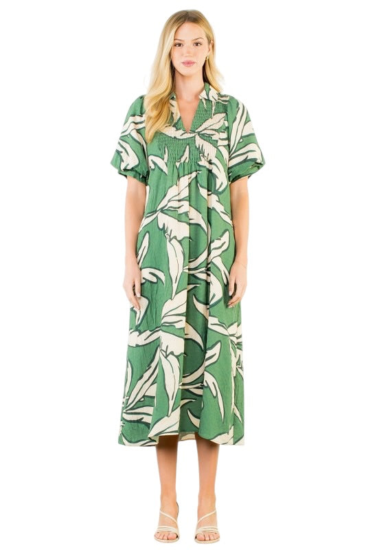 Olive Palms Smocked Midi